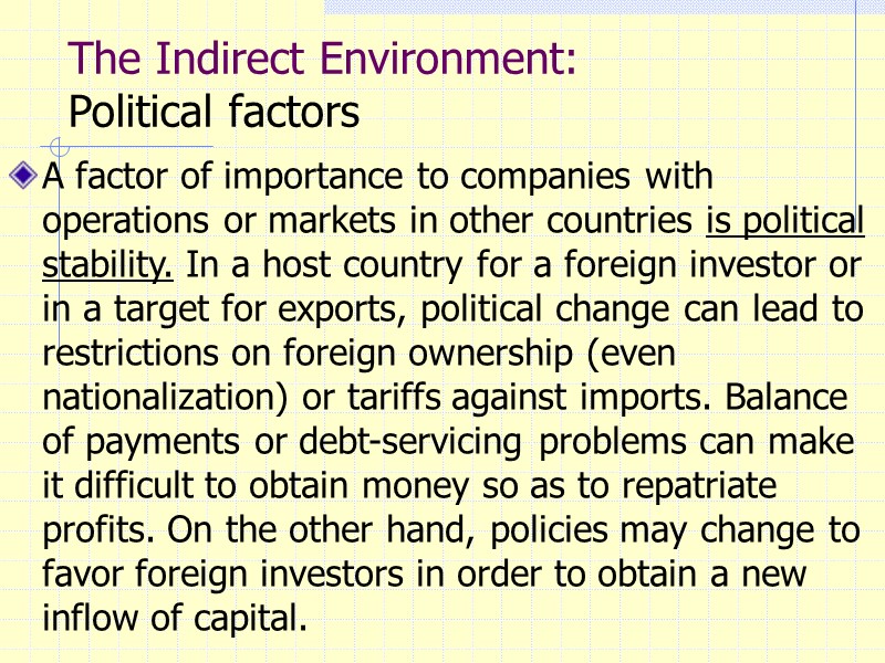 The Indirect Environment: Political factors A factor of importance to companies with operations or